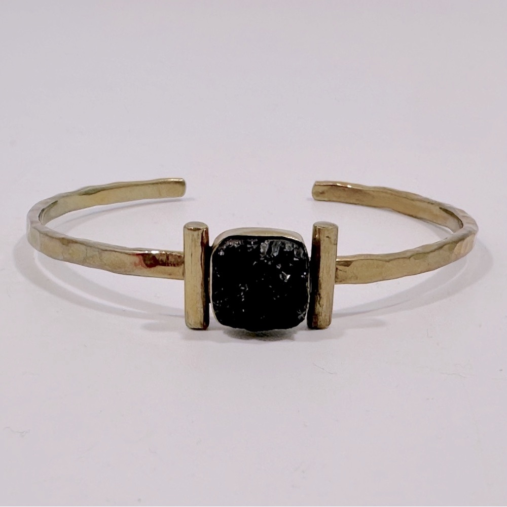 Black Druzy Quartz Hammered Brass Cuff Bracelet Whimsigoth Witchy Moody